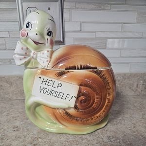 Vintage Enesco Snappy Snail cookie jar.